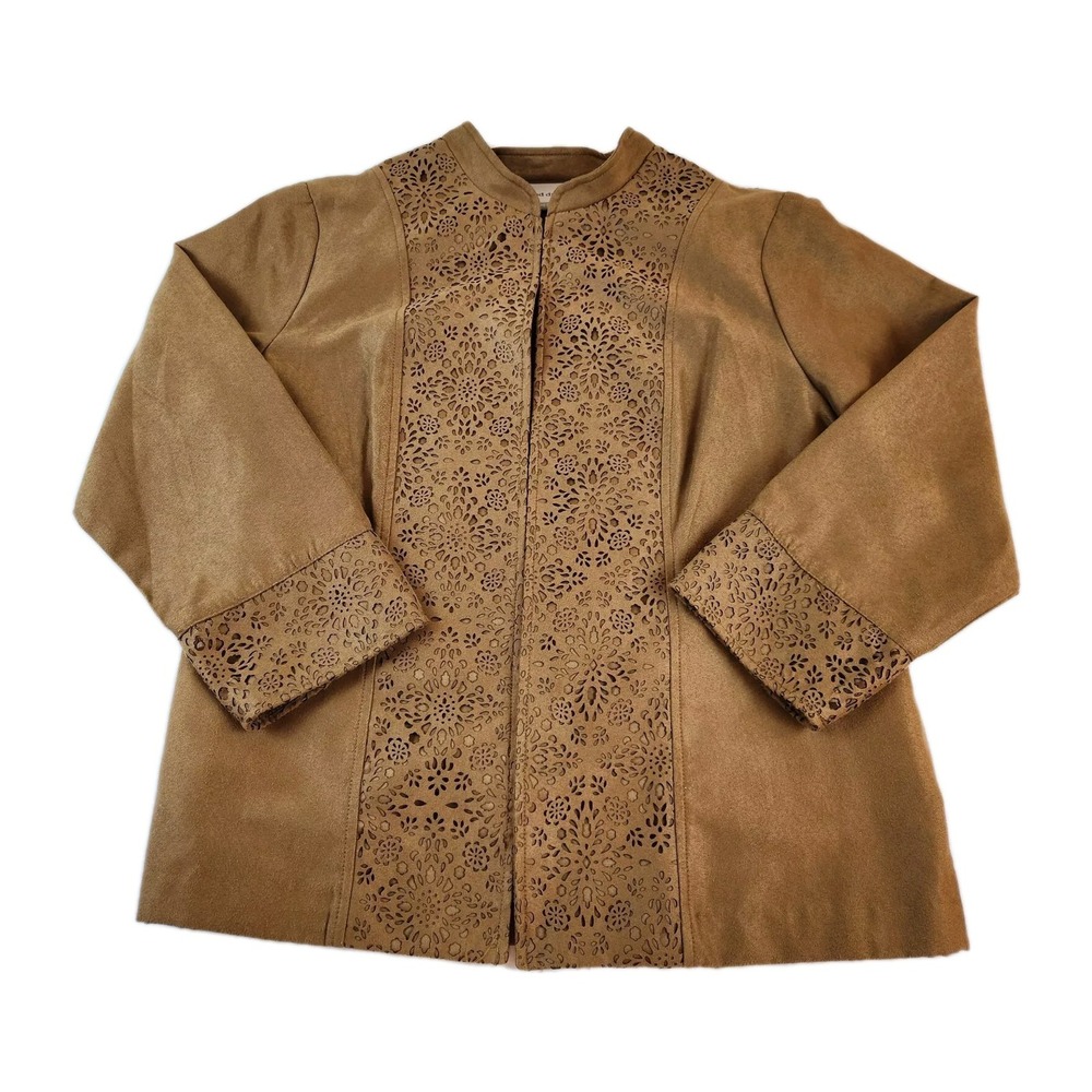 Alfred Dunner Womens 10P Laser Cut Western‎ Blazer Brown Open Jacket Office Top